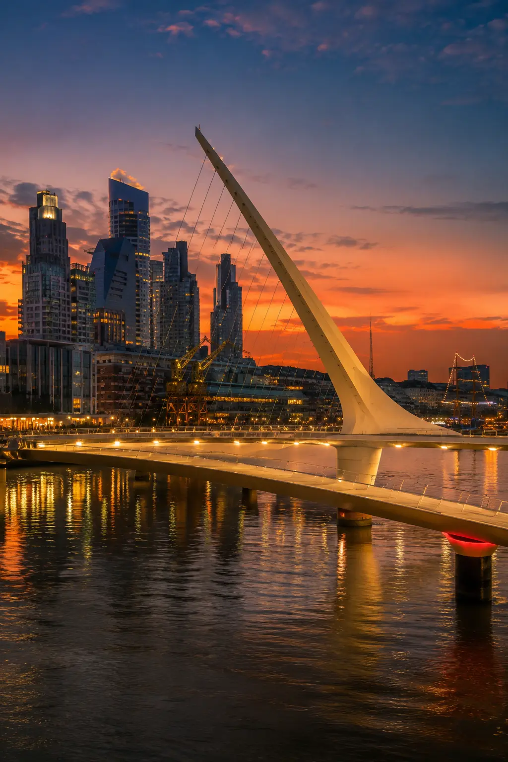 Puente de la Mujer Puerto Madero Buenos Aires al atardecer con skyline